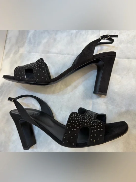Hermes Black Suede Crystal Embellished Slingback H Sandals Size 39,9 (US 9,5) - Picture 15 of 17